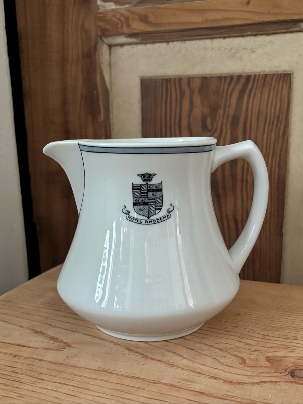 White Ceramic Creamer Pitcher-Hotel Rhodema-Syracuse China-6” tall
